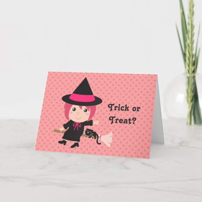 Cartão Trick or Treat with Happy Girl Witch for Halloween (Frente)