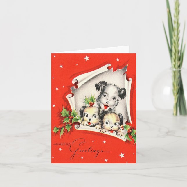 Cartão Trío de Cães Vintage de Natal (Frente)