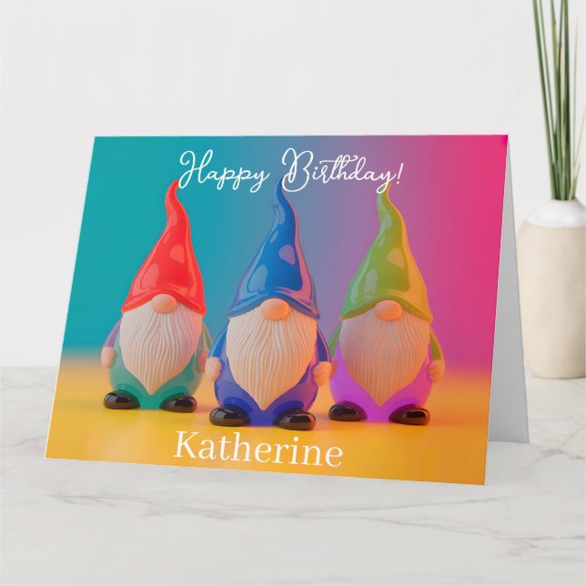 Cartão Trío de Figuras de Gnome de Cerâmica Brilhante com (Frente)