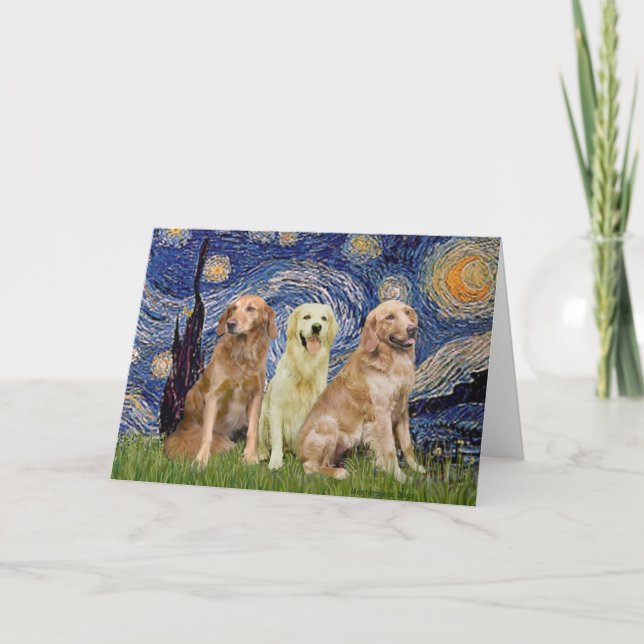 Cartão Trio de Golden Retriever - Noite Estrelada (Frente)