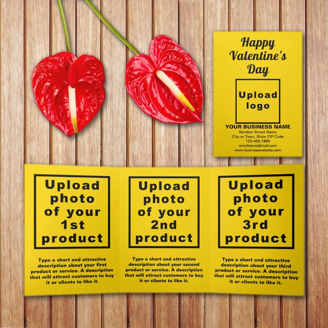 Cartão triplo amarelo do Namorados comercial (Yellow Valentine trifold card with your business brand and products or services on table.)