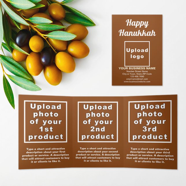 Cartão triplo para Hanukkah Brown (Hanukkah greeting, business brand and products on brown trifold card)