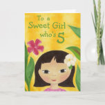 Cartão Tropical Girl 5th birthday card<br><div class="desc">Cute birthday card has a girl with tropical flowers,  for a girl who's turning 5</div>