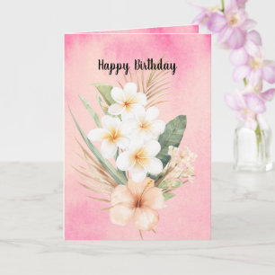 Cartão Tropical Rosa Pêssego Hibiscus Plumeria Aniversári