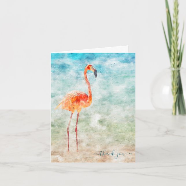Cartão Tropical Watercolor Seashore Flamingo Obrigado (Frente)