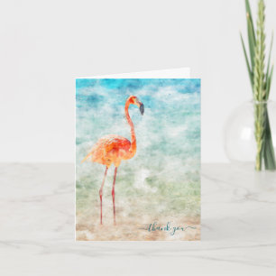 Cartão Tropical Watercolor Seashore Flamingo Obrigado