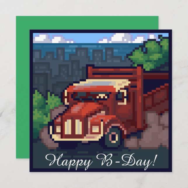 Cartão Truck, vrachtwagen, happy b-day pixel art,  (Frente/Verso)