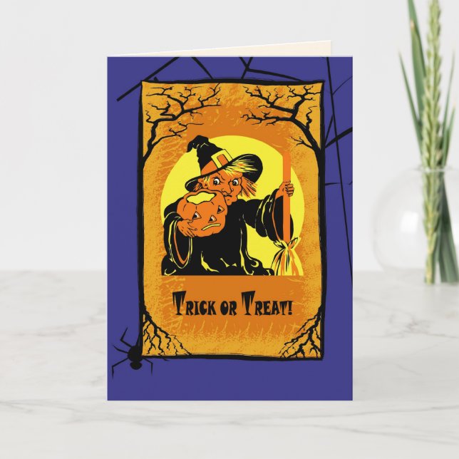 Cartão Truque ou Tratar! Vintage Witch Halloween (Frente)