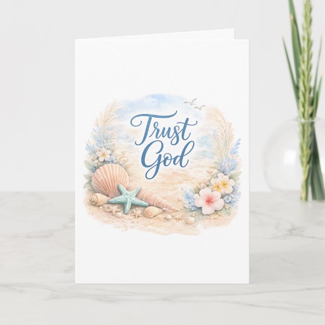 Cartão "Trust God" Coastal Beach Watercolor Christian (Frente)