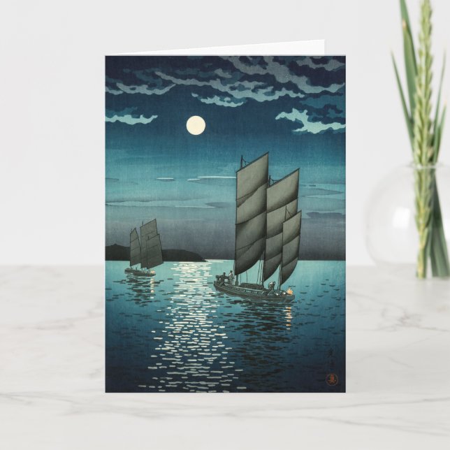 Cartão Tsuchiya Koitsu - Barcos em Shinagawa, Noite (Frente)