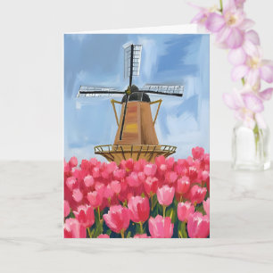 Cartão Tulipa Campo Moinho de Vento Holandês Aquarela