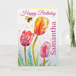 Cartão Tulipa e Abelha Elegantes Aquarela Nome Feminino