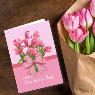 Cartão Tulipa Rosa Elegante Retro Com Laço Dia das Mães