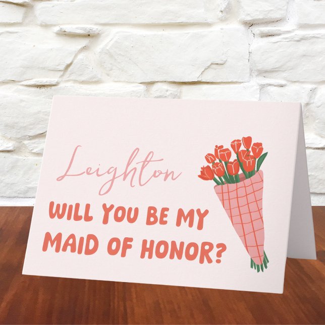 Cartão Tulipa Rosa Será Minha Proposta De Madrinha de cas (Make your MOH proposal extra special with this chic, customizable floral card—cute and trendy!)