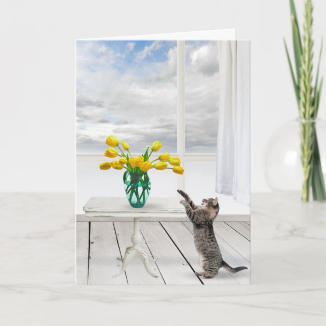 Cartão Tulipas Amarelas e Aniversário de Gato (Frente)
