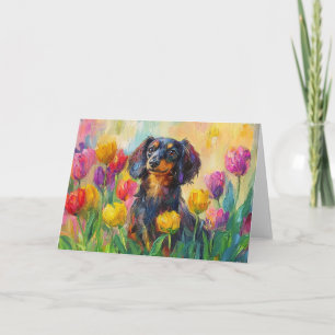 Cartão Tulipas Coloridas Bonitas Dachshund