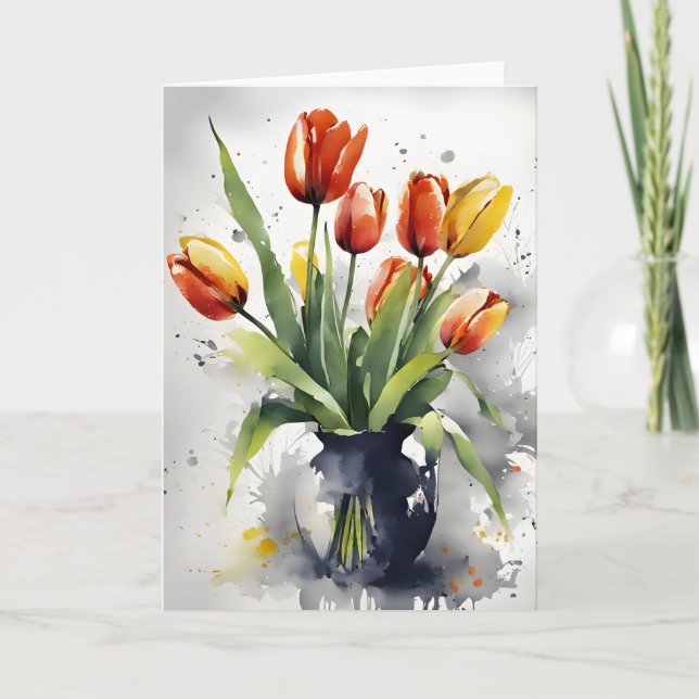 Cartão Tulipas - Flores de aquarela (Frente)