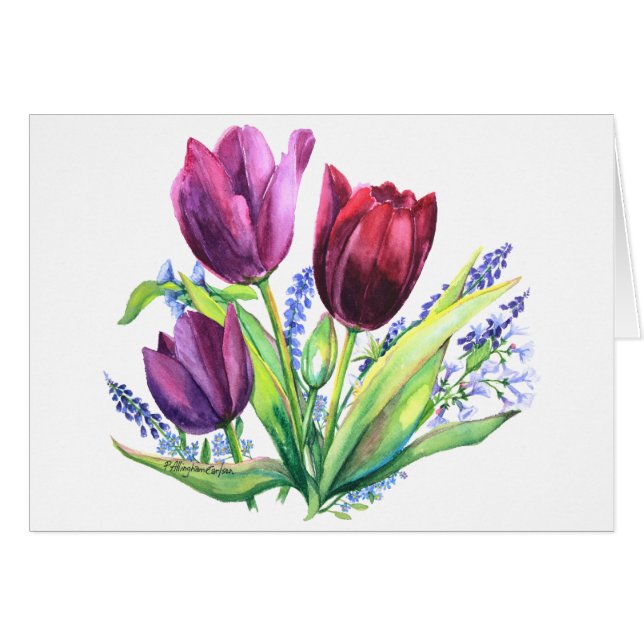 Cartão Tulipas PMACarlson com placa de flores de Primaver (Frente Horizontal)