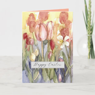 Cartão Tulipas Rosa felzs pascoa Daffodil Watercolor