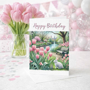 Cartão Tulipas Rosa no Parque Feliz Aniversário Saudação