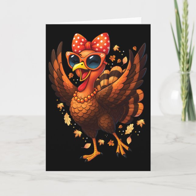 Cartão Turkey Dancing Turkey Day Womens Fall Cute Bow Tha (Frente)