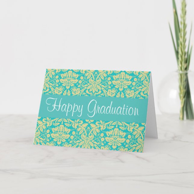 Cartão Turquoise Blue and Yellow Damask Graduation Card (Frente)