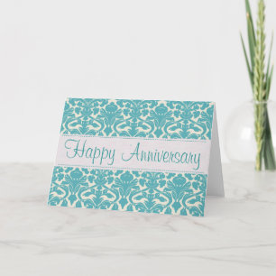 Cartão Turquoise Damask Customizable Anniversary Card