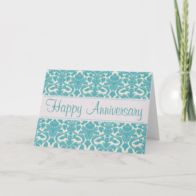 Cartão Turquoise Damask Customizable Anniversary Card (Frente)