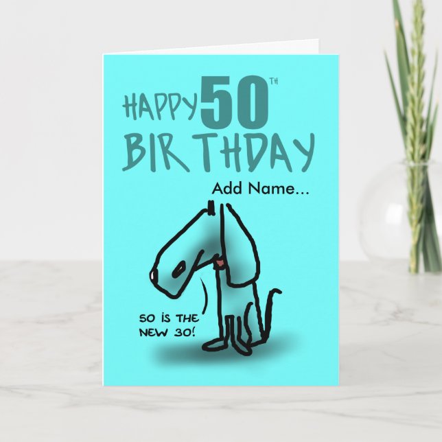 Cartão Turquoise happy 50th birthday cartoon dog card (Frente)