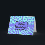 Cartão Turquoise & Lavender Zebra & Cheetah Customized<br><div class="desc">Customize your greeting with this card of colorful zebra stripes and cheetah skins. Say Happy Birthday! Wild animal skins for graphic design is one of the hottest art and design trends, and is extremely popular from fashion to home decor. This sophisticated periwinkle lavender and turquoise blue zebra and cheetah print...</div>
