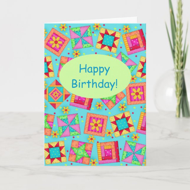 Cartão Turquoise Patchwork Quilt Block Art Happy Birthday (Frente)