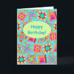 Cartão Turquoise Patchwork Quilt Block Art Happy Birthday<br><div class="desc">Say "Happy Birthday" to a quilter or quilt lover with this colorful fully customizable greeting card. Add your own words and names. The sentiment words inside the card can be customized to your own words. This original quilt art makes a vibrant color note or greeting card. Quilt art based on...</div>
