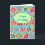 Cartão Turquoise Patchwork Quilt Block Art Happy Birthday<br><div class="desc">Say "Happy Birthday" to a quilter or quilt lover with this colorful fully customizable greeting card. Add your own words and names. The sentiment words inside the card can be customized to your own words. This original quilt art makes a vibrant color note or greeting card. Quilt art based on...</div>