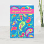 Cartão Turquoise Teal & Fuchsia Paisley Happy Birthday<br><div class="desc">A stylish happy birthday card on a turquoise teal blue background with a fuchsia pink strip with the words Happy Birthday for someone special - Bright, fresh, modern paisleys make a beautiful artistic design that includes inspirational words of Love, Hope, Faith, Inspire, Cherish, Be Happy, Dream, and Live in the...</div>