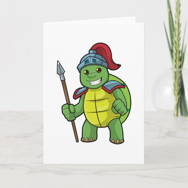 Cartão Turtle como guerreiro com Spear e Helmet (Frente)