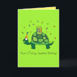 Cartão Turtle Funny Birthday Greeting Card<br><div class="desc">Wish a friend a turtley awesome birthday with this adorable turtle greeting card!  His tortoise shell is holding the candles,  or is that the cake too? The card has a contrasting color inside that is easy to write on.</div>