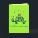 Cartão Turtle Funny Birthday Greeting Card<br><div class="desc">Wish a friend a turtley awesome birthday with this adorable turtle greeting card!  His tortoise shell is holding the candles,  or is that the cake too? The card has a contrasting color inside that is easy to write on.</div>