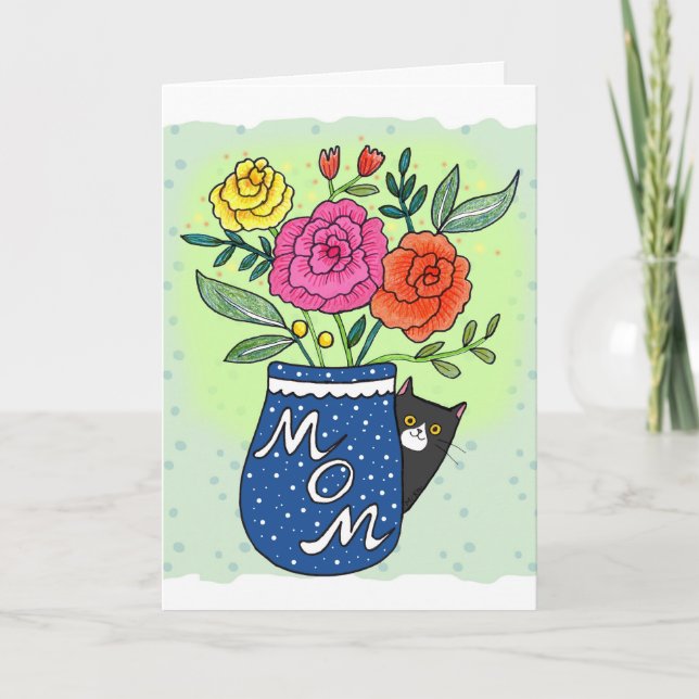 Cartão Tuxedo Cat and Flowers Custom Text Mother's Day (Frente)