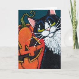 Cartão Tuxedo Cat and Smiling Pumpkin Lantern