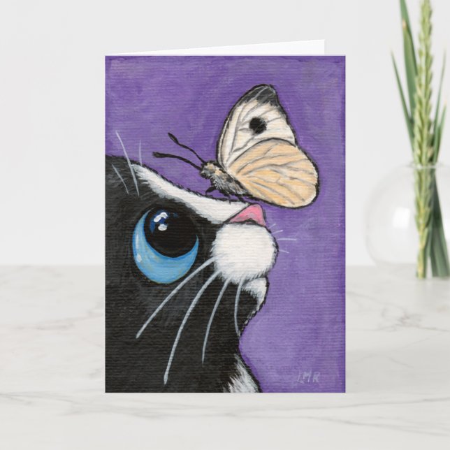 Cartão Tuxedo Cat and White Butterfly Painting (Frente)