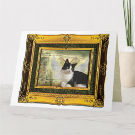 Cartão Tuxedo Cat Angel Pet gold frame