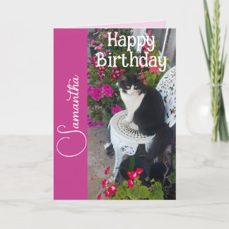 Cartão Tuxedo Cat Cats and Flowers Girls Name Birthday