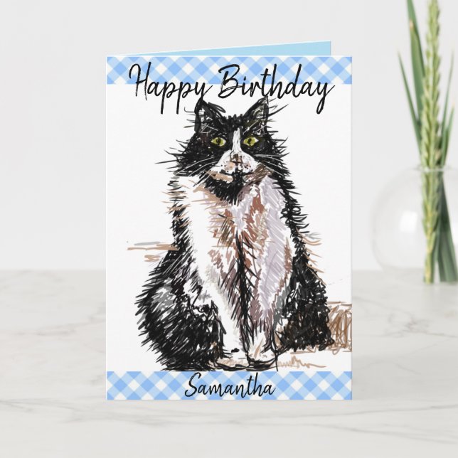Cartão Tuxedo Cat Cute Drawing Black and White Cats  Card (Frente)