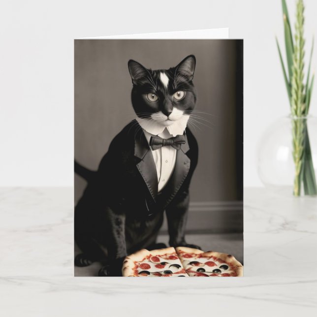 Cartão Tuxedo cat e pizza (Frente)