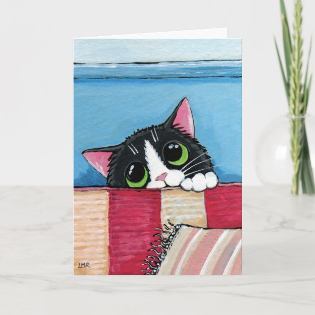 Cartão Tuxedo Cat Hiding | Cat Art Greeting Card (Frente)