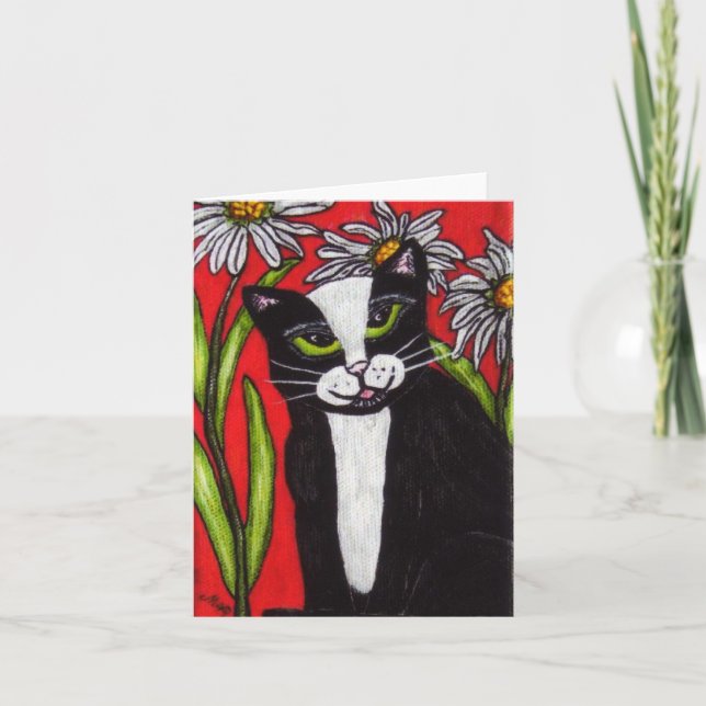 Cartão Tuxedo Cat in the Daisies Notecard (Frente)