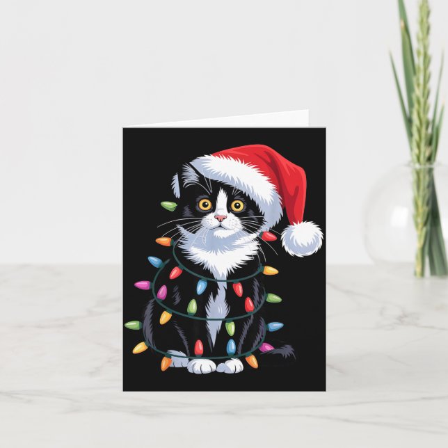 Cartão Tuxedo Cat Meow Santa Tuxie Christmas Tree  (Frente)