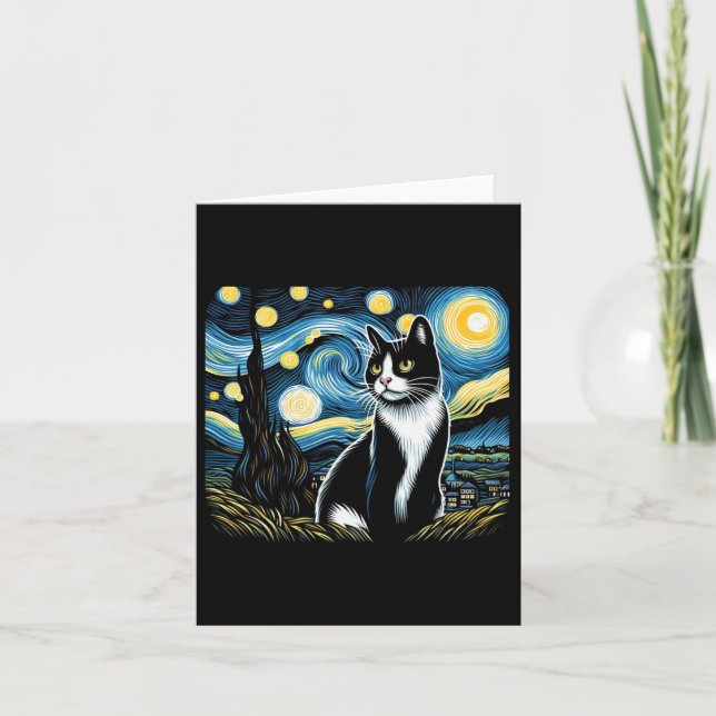 Cartão Tuxedo Cat Starry Night Painting Tuxedo Proprietár (Frente)