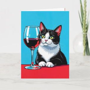 Cartão Tuxedo Gato De Aniversário Com Vinho Tinto