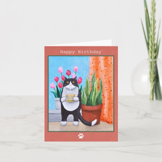 Cartão Tuxedo Gato preto e branco com café Aniversário (Frente)